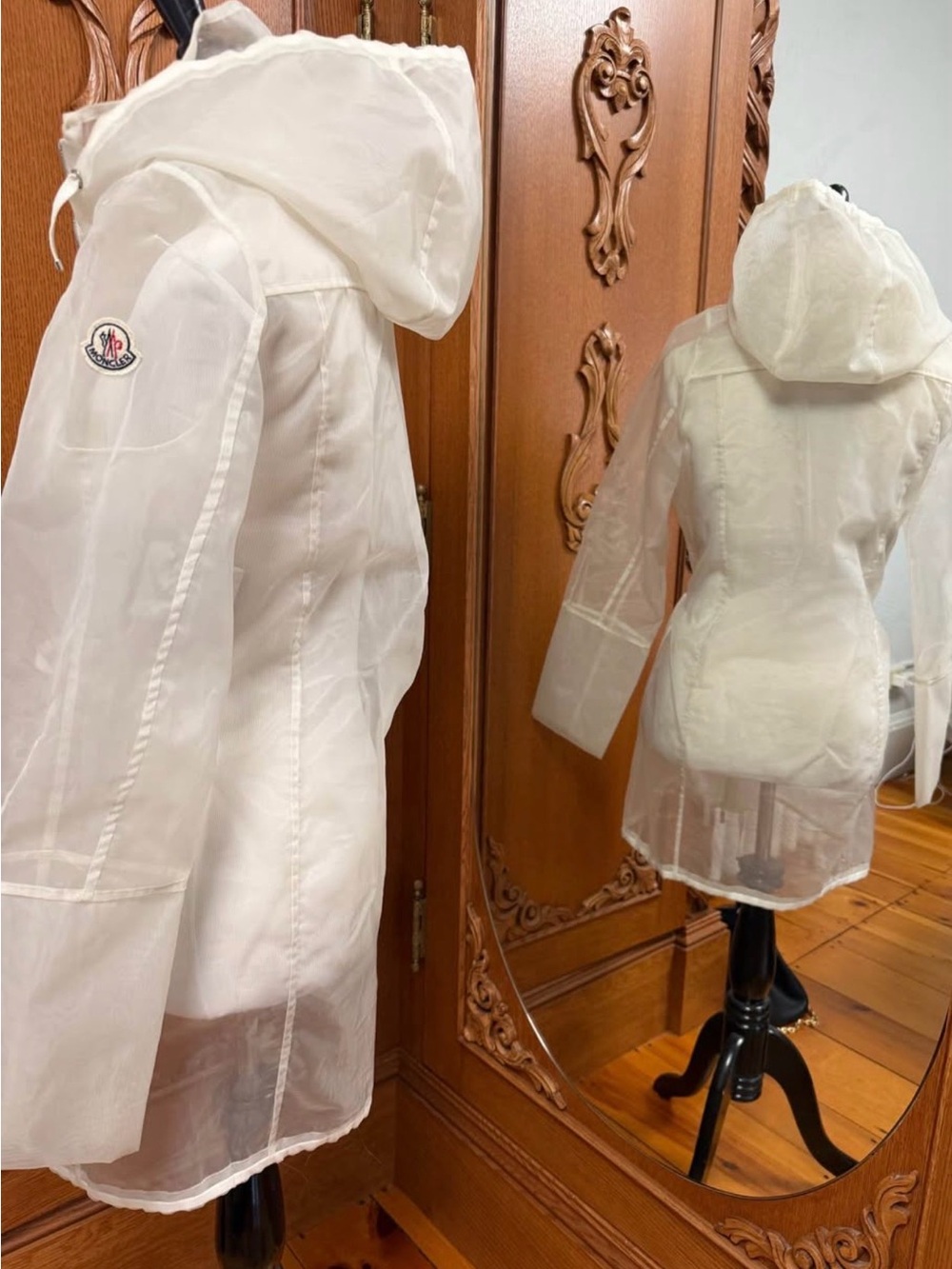 Moncler Sheer White Hooded Trench Coat